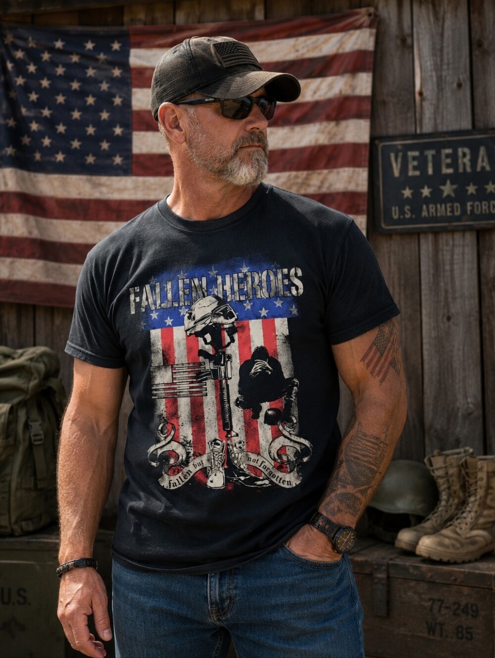 Fallen Heroes Mens T-shirt Size 2XL USA Flag Never Forgotten Military Graphic